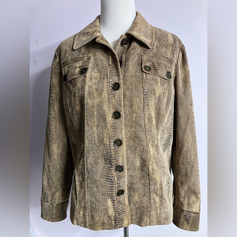 Chico’s Women's Jacket, Size 2, Snakeskin Print, Full Button Closure, Tan/Brown